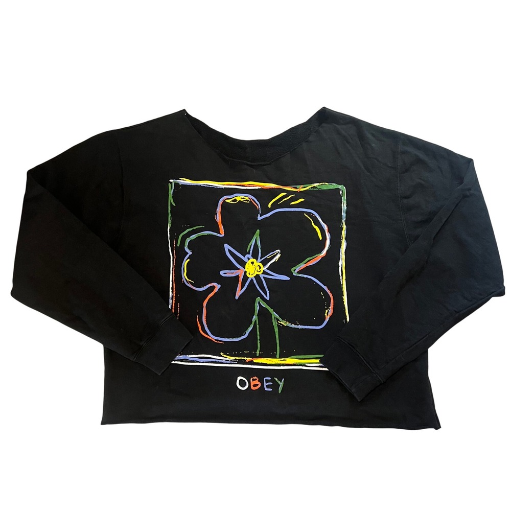 OBEY Floral Graphic Oversized Cropped Black‎ Cartoon Sweater Womens Large Skate